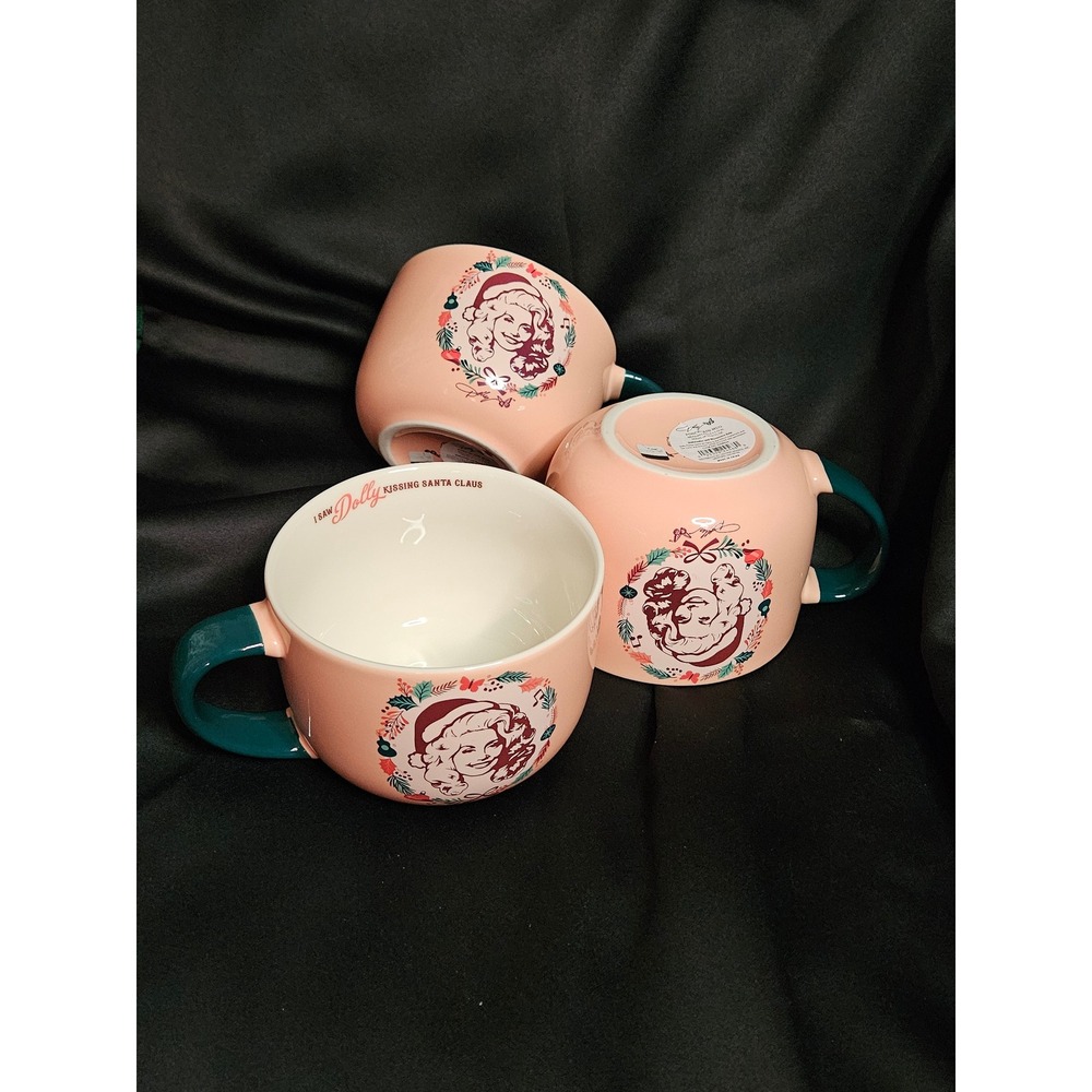 Dolly Parton Christmas Porcelain Mug Set of 3 Pink I Saw Dolly Kissing Santa NWT